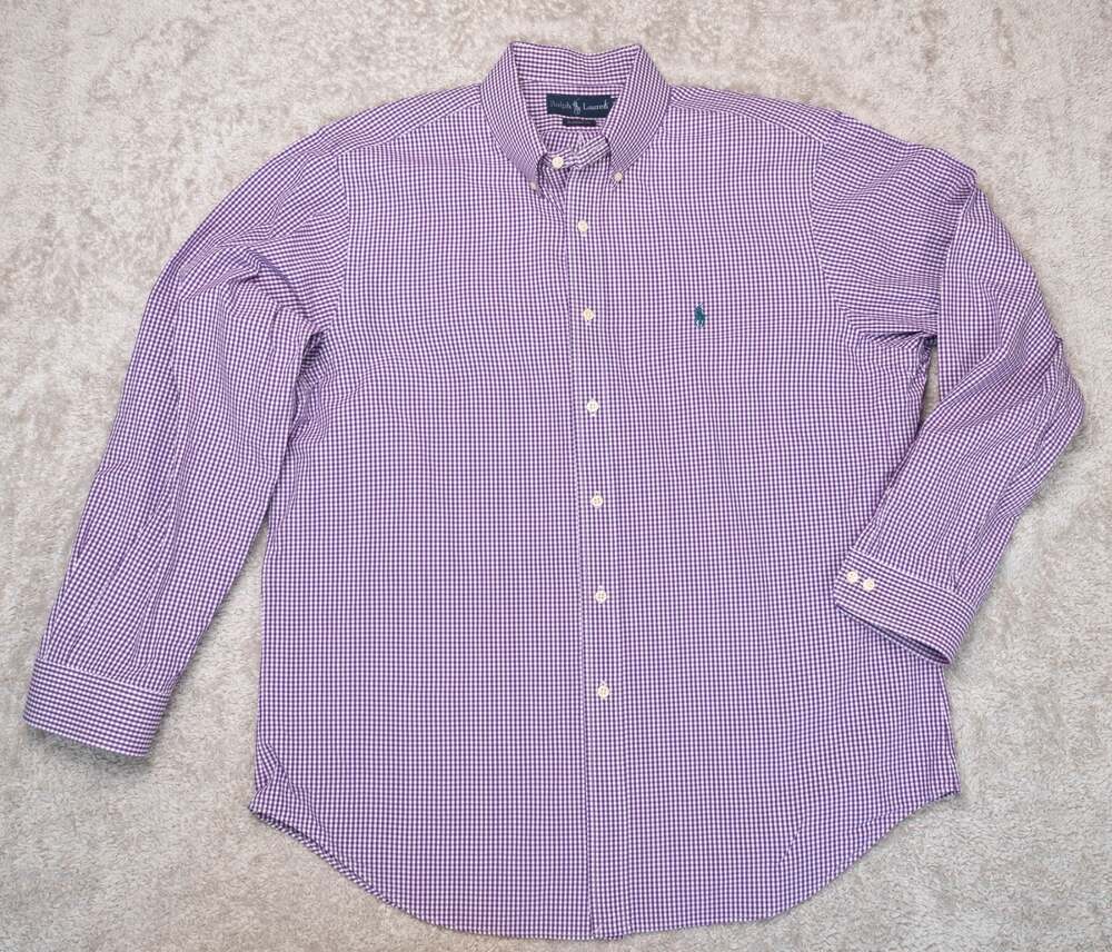 Ralph Lauren Classic Fit Purple White Plaid Button Down Long Sleeve Shirt 17"
